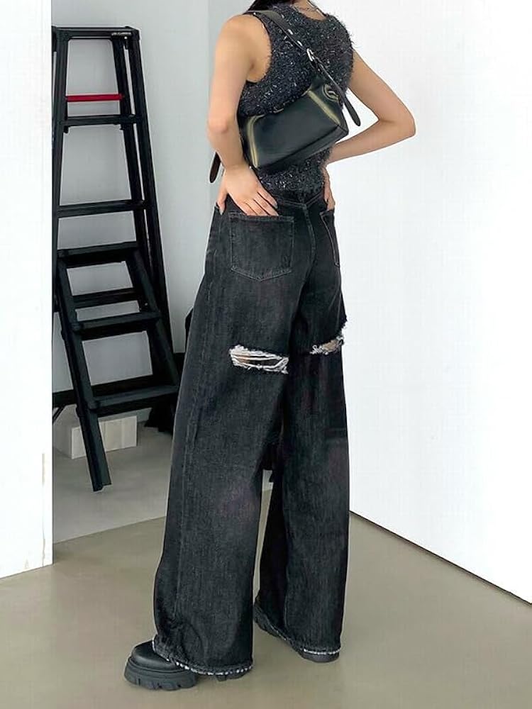 エモダ　24AW バックカットルーズ　ジーンズ　ダメージデニム　M 手洗い可 EMODA】バックカットルーズジーンズレディースファッションの